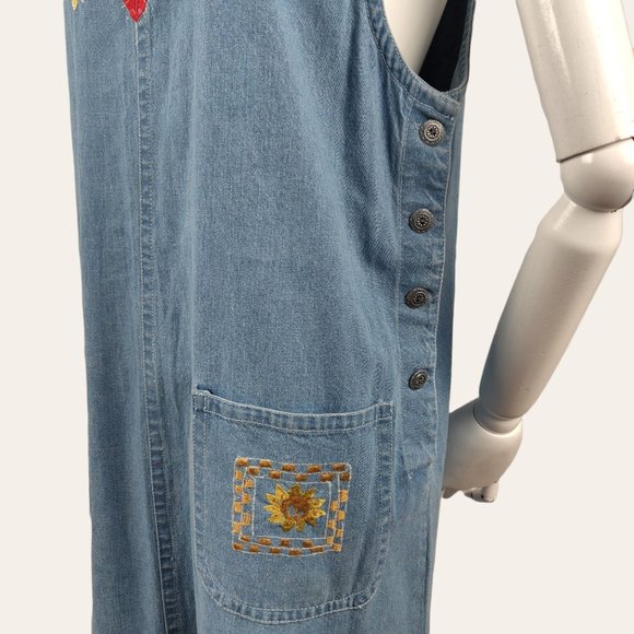 Vintage 1990s Celestial Heart Jumper Dress Chambray Applique Folk Art Grunge 8 - Picture 5 of 13